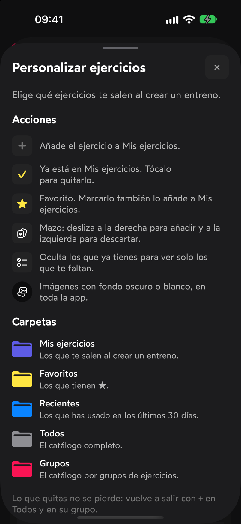 Hoja de ayuda de Personalizar ejercicios con la explicación de cada acción y carpeta