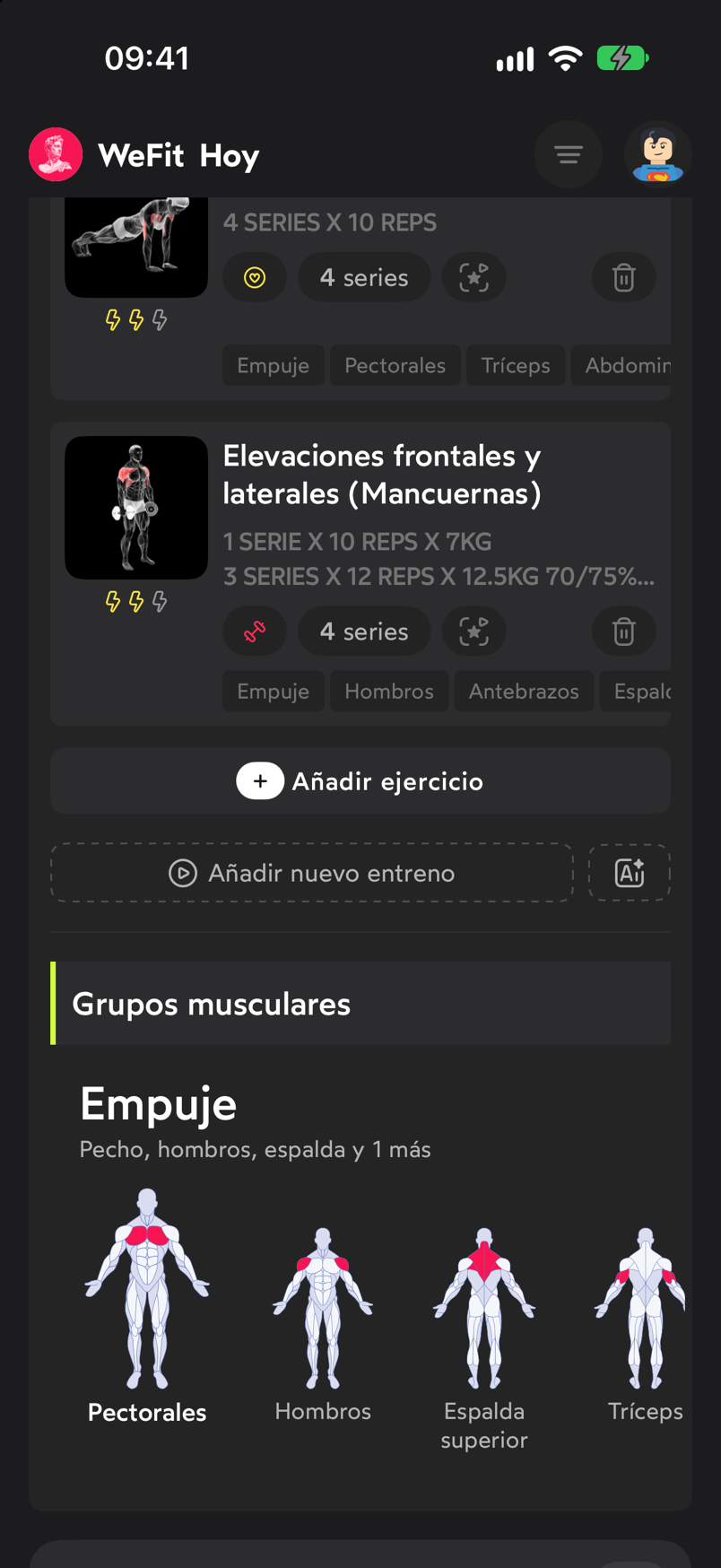 Pantalla Hoy de WeFit con el botón Añadir ejercicio debajo del último ejercicio del entreno