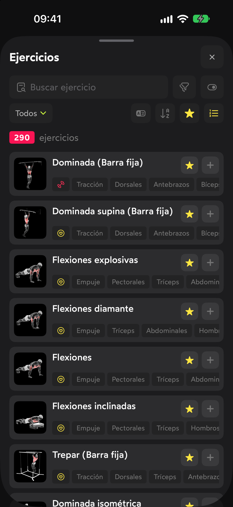 Selector de ejercicios de WeFit con buscador, filtros y la lista de favoritos
