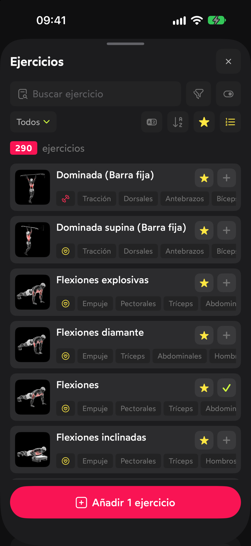 Selector de ejercicios con Flexiones marcado y el botón Añadir 1 ejercicio