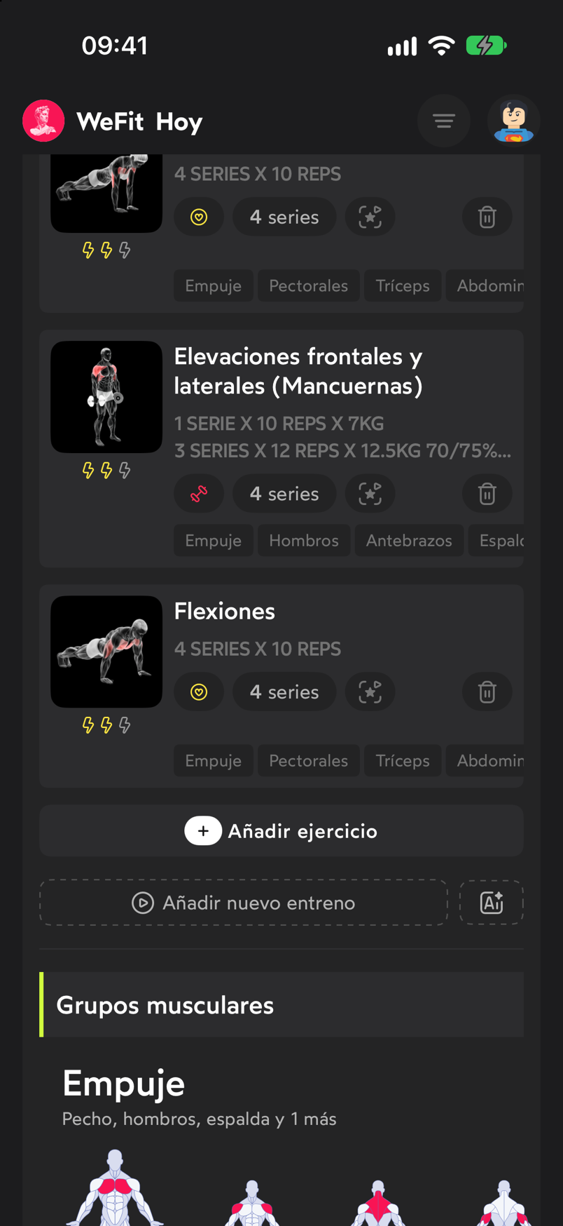 Tarjeta del ejercicio Flexiones recién añadido al final del entreno de hoy