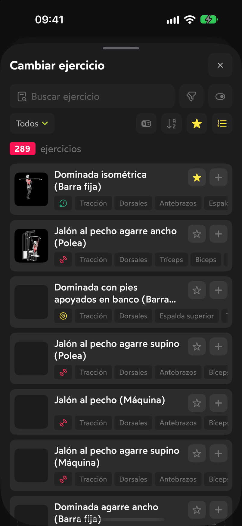 Selector Cambiar ejercicio con el buscador y la lista de ejercicios parecidos a la Dominada
