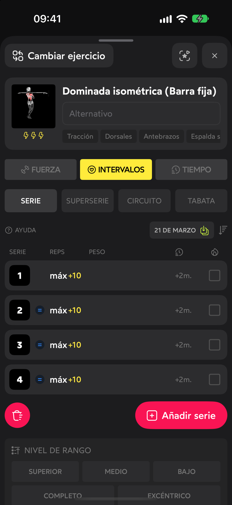Editor con la Dominada isométrica, tipo Intervalos y cuatro series de máximas repeticiones