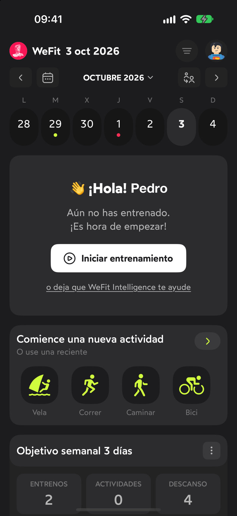 Pantalla Hoy de WeFit en un día sin entreno, con el botón Iniciar entrenamiento