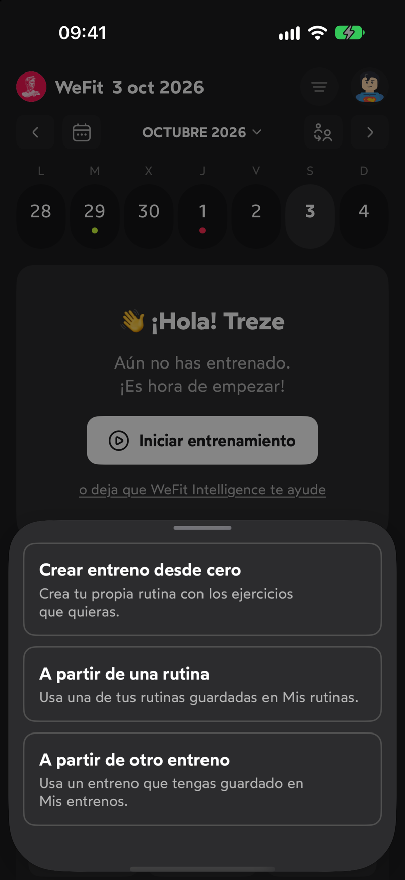 Hoja con las opciones Crear entreno desde cero, A partir de una rutina y A partir de otro entreno