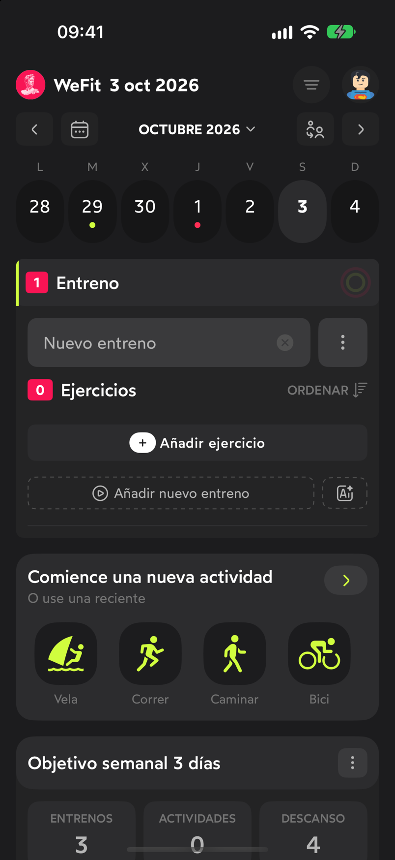 Entreno recién creado con el nombre Nuevo entreno, cero ejercicios y el botón Añadir ejercicio