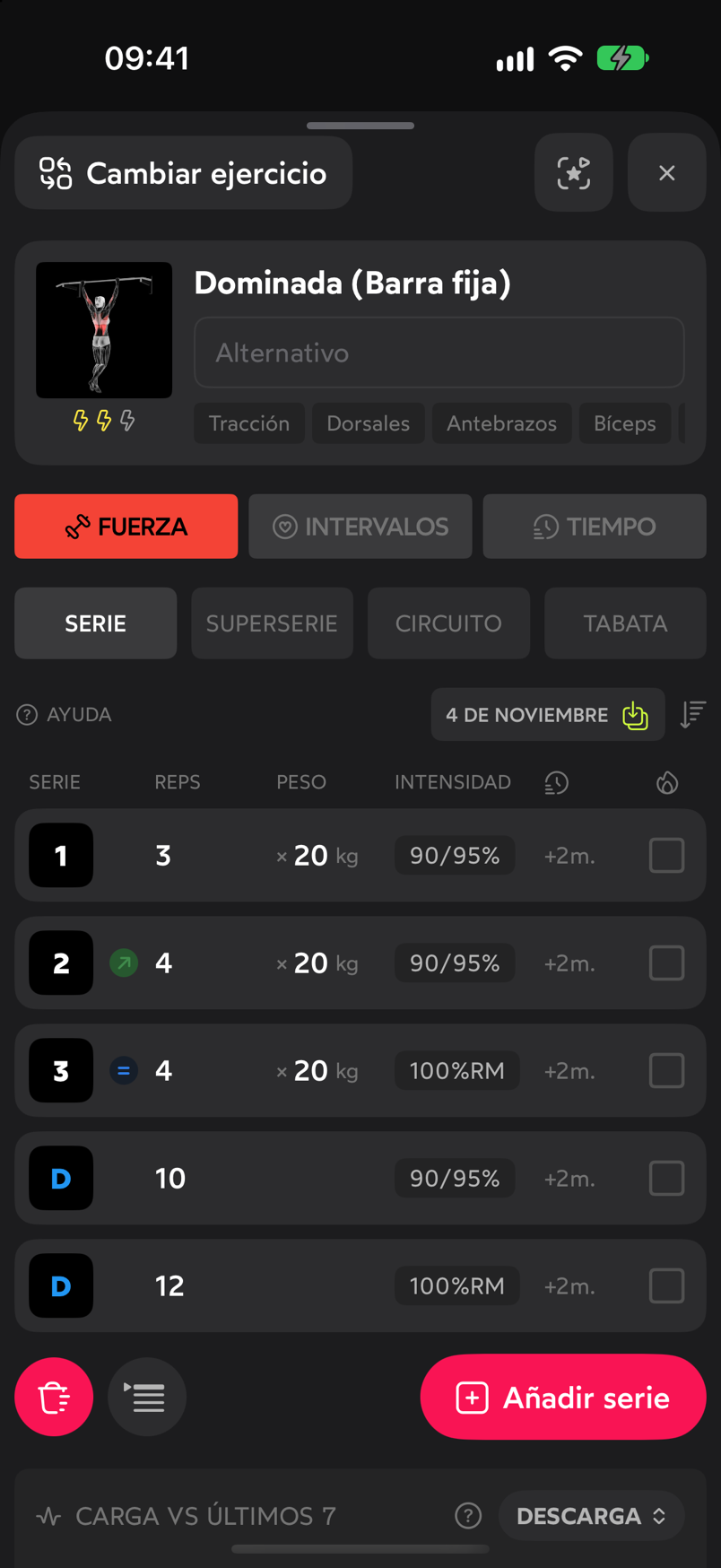 Parte superior del editor del ejercicio: Cambiar ejercicio, tipo, modo y tabla de series