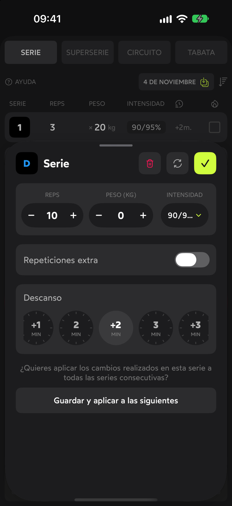 Editor de una serie de descarga con 10 repeticiones, controles de peso, intensidad y descanso