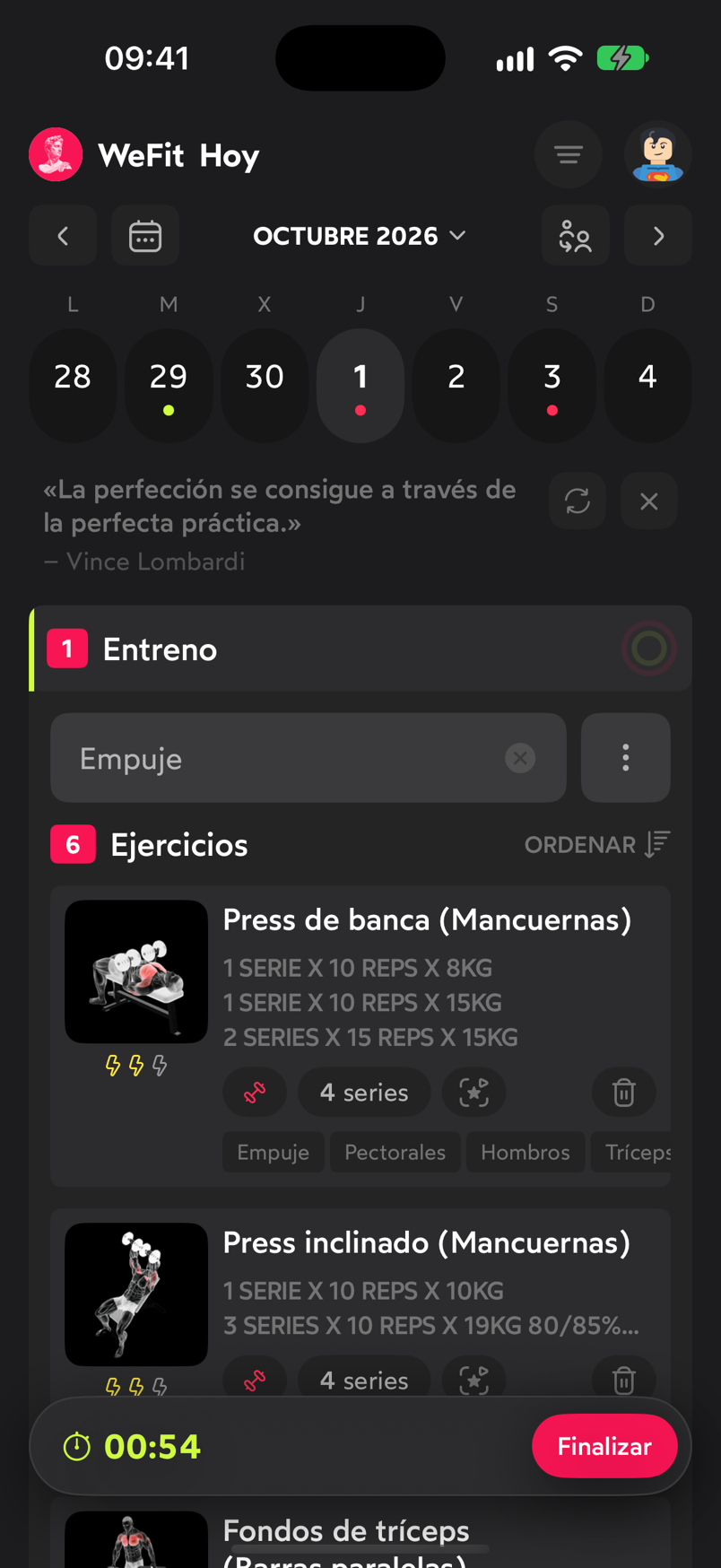 Entreno en marcha en WeFit con la barra inferior que muestra el cronómetro y el botón Finalizar