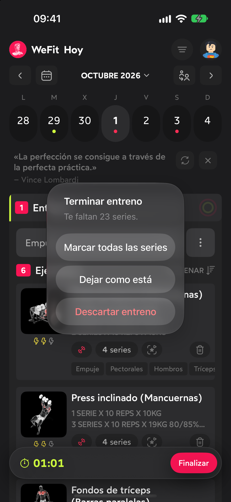 Diálogo Terminar entreno de WeFit con las opciones Marcar todas las series, Dejar como está y Descartar entreno