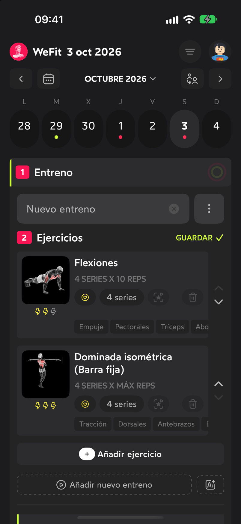 Las Flexiones ya aparecen antes que la Dominada isométrica, todavía en modo Ordenar