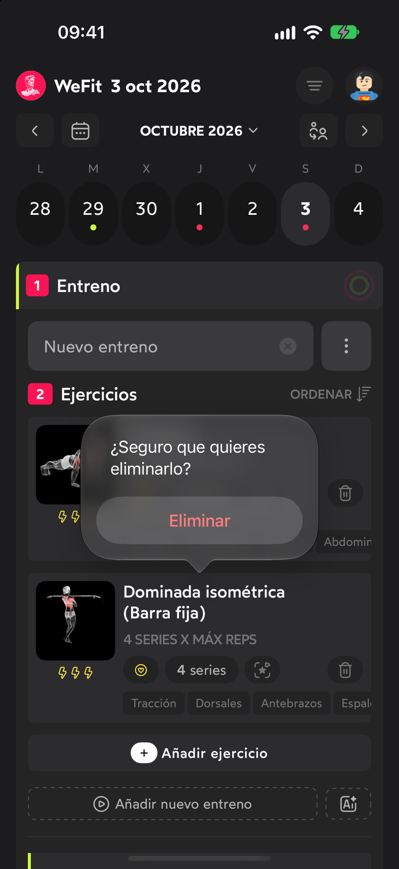 Diálogo ¿Seguro que quieres eliminarlo? con el botón Eliminar sobre la tarjeta del ejercicio