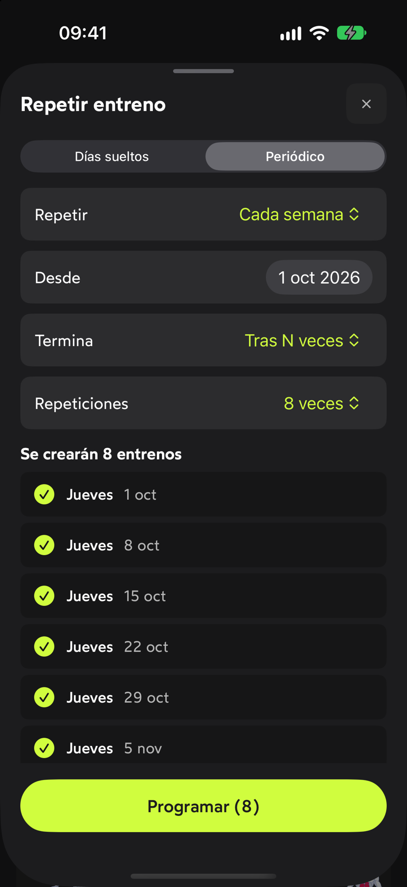 Hoja Repetir entreno de WeFit en la pestaña Periódico con repetición semanal, ocho repeticiones y la lista de fechas