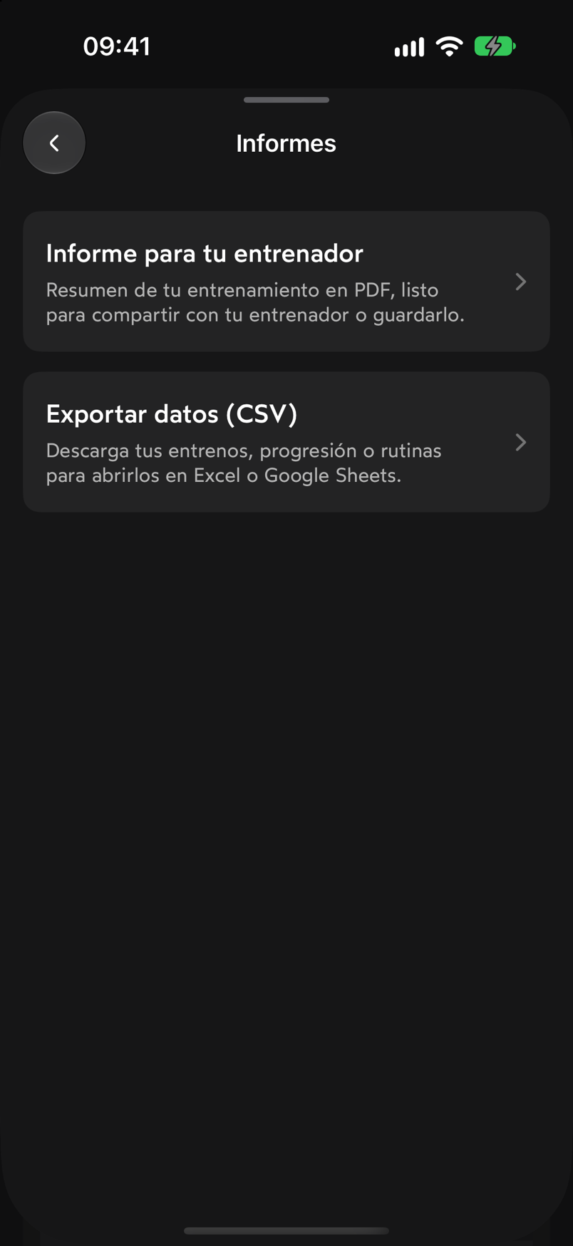 Pantalla Informes con las tarjetas Informe para tu entrenador y Exportar datos (CSV)