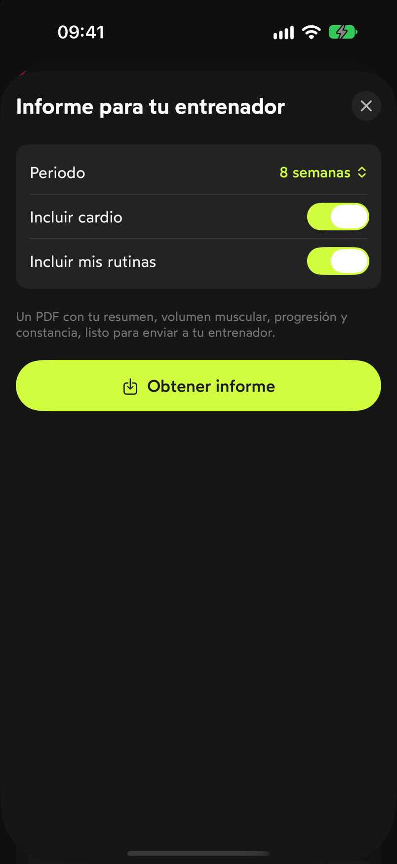 Hoja Informe para tu entrenador con el periodo de 8 semanas, los interruptores de cardio y rutinas y el botón Obtener informe