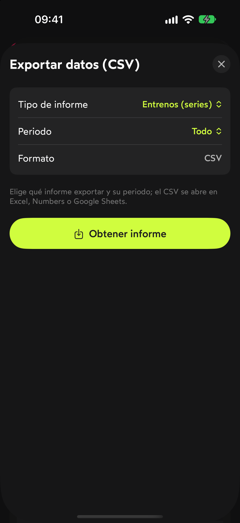 Hoja Exportar datos (CSV) con tipo de informe Entrenos (series), periodo Todo, formato CSV y el botón Obtener informe