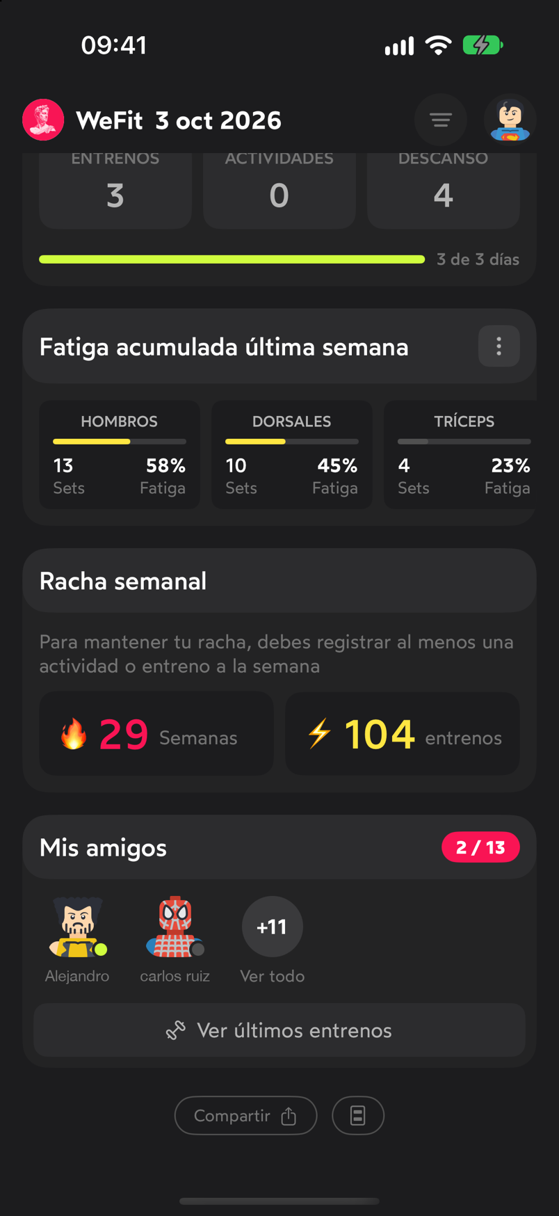 Parte final de la pantalla Hoy con la tarjeta Mis amigos, Ver últimos entrenos, Compartir y Personalizar inicio