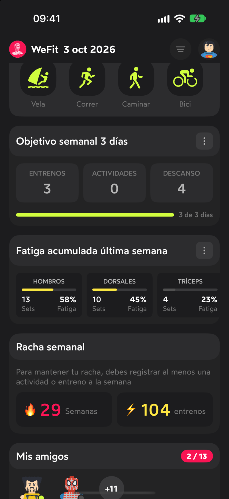Widgets Objetivo semanal, Fatiga acumulada y Racha semanal en la pantalla Hoy