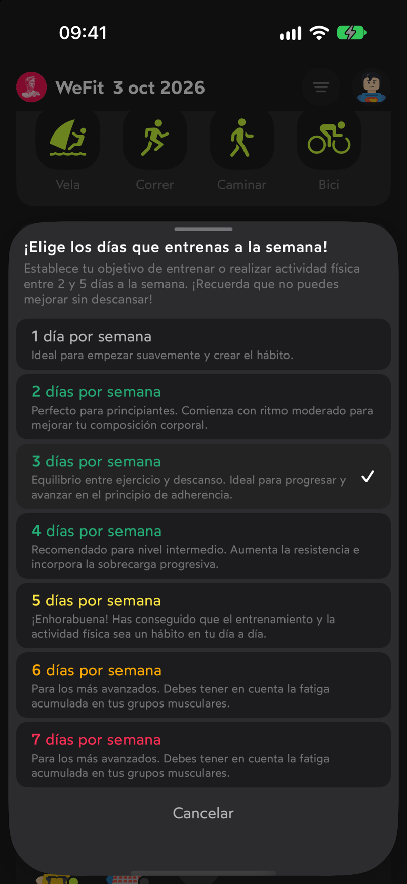Hoja para elegir cuántos días a la semana quieres entrenar, de 1 a 7
