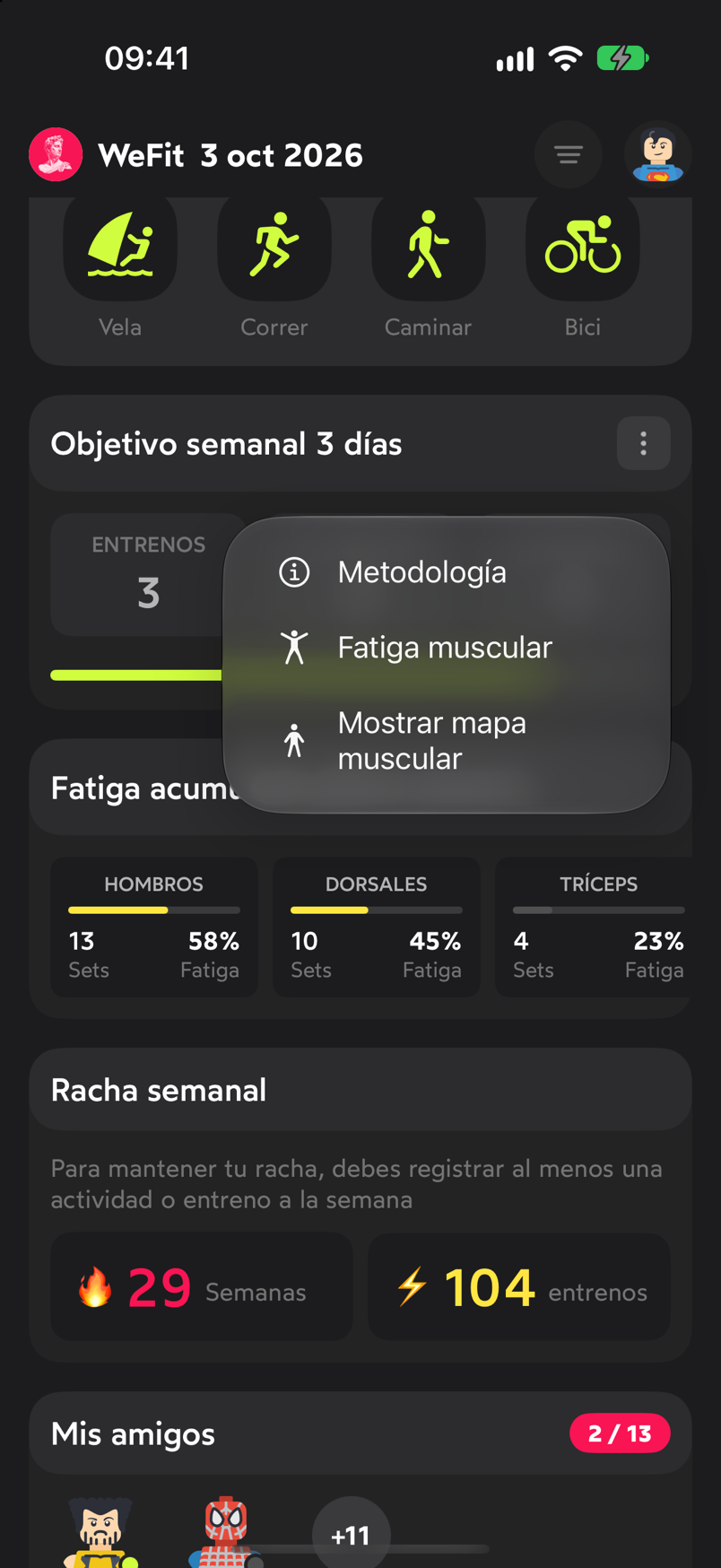 Menú del widget de fatiga con Metodología, Fatiga muscular y Mostrar mapa muscular