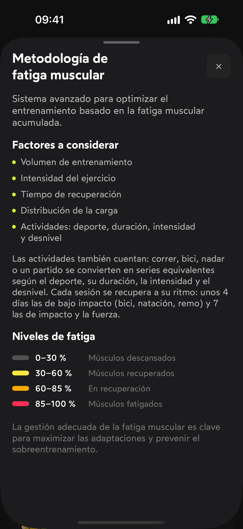 Hoja Metodología de fatiga muscular con los factores considerados y los niveles de fatiga