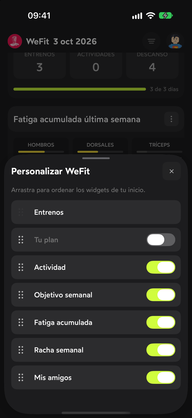 Hoja Personalizar WeFit con la lista de widgets y sus interruptores