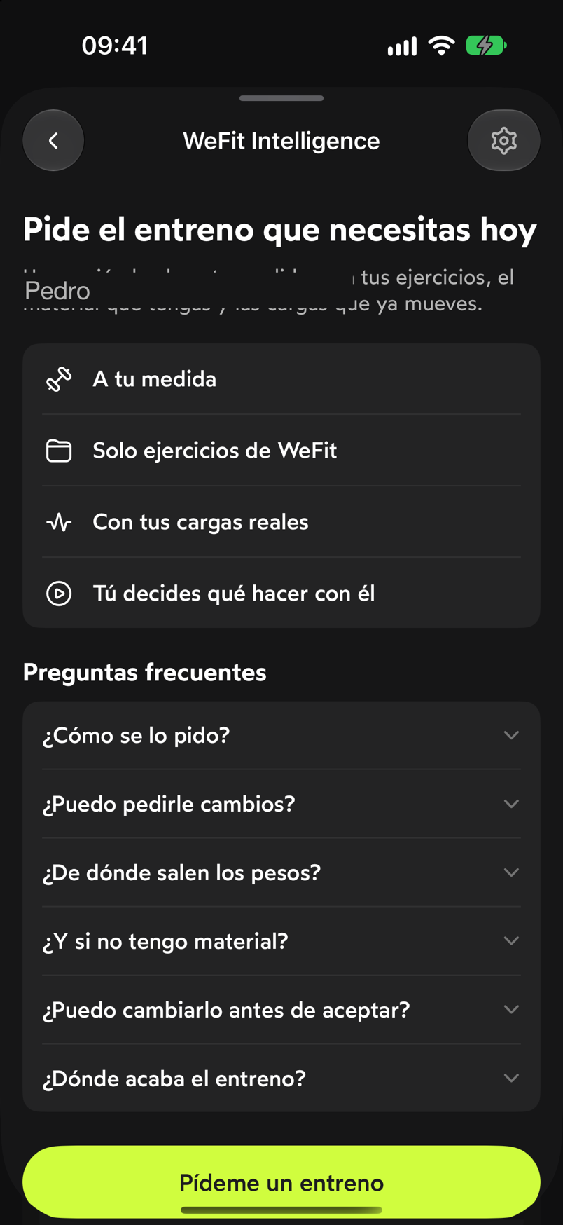 Pantalla de WeFit Intelligence en Ajustes con los cuatro puntos de funcionamiento y las preguntas frecuentes