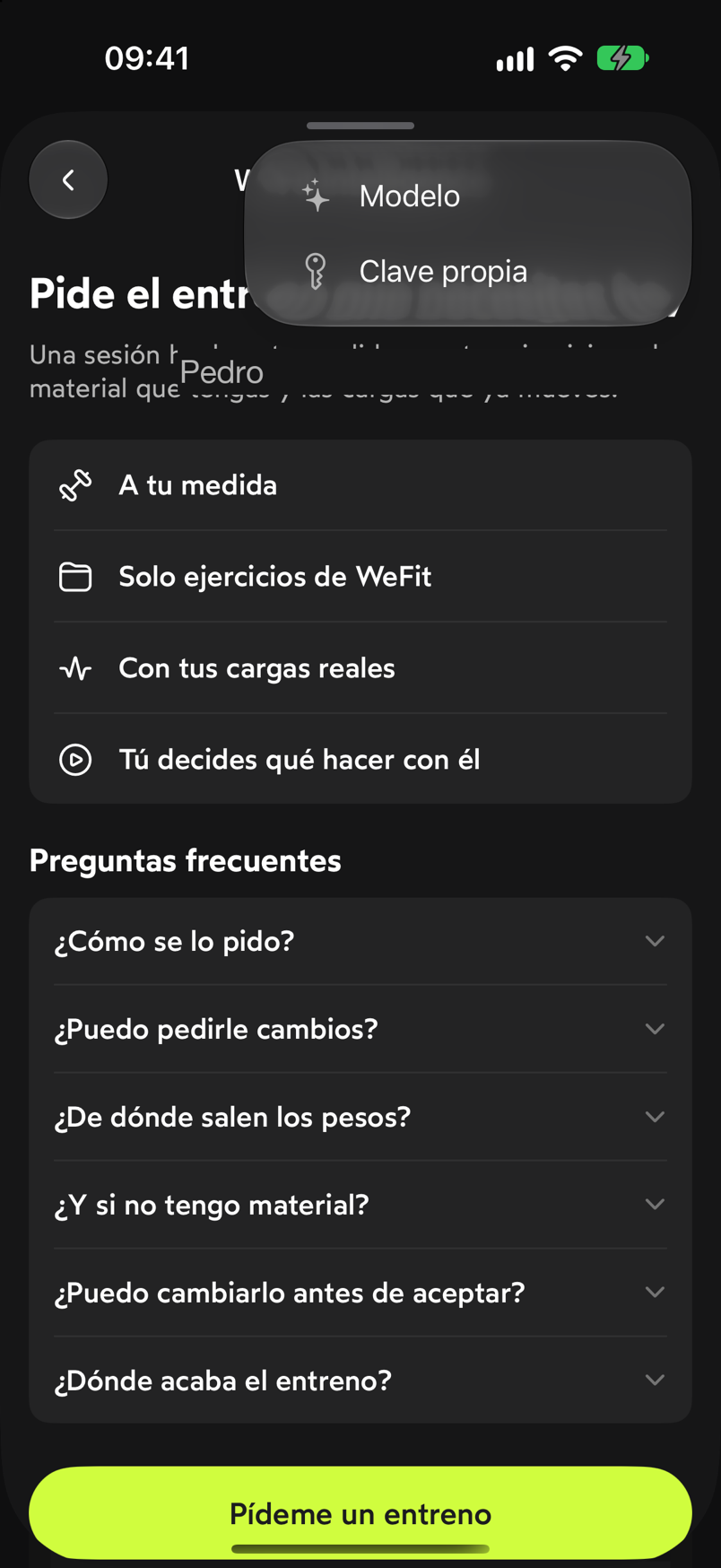 Menú con las opciones Modelo y Clave propia