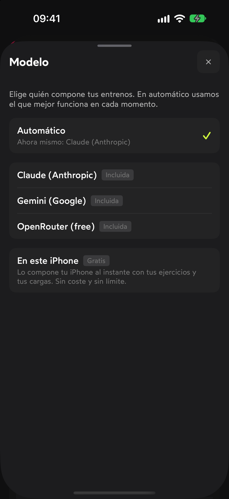 Hoja Modelo con las opciones Automático, Claude, Gemini, OpenRouter y En este iPhone