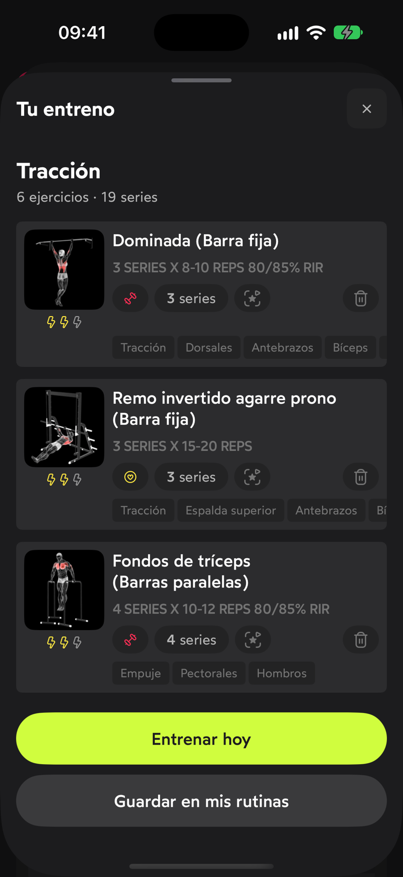 Hoja Tu entreno con los ejercicios y series propuestos y los botones Entrenar hoy y Guardar en mis rutinas