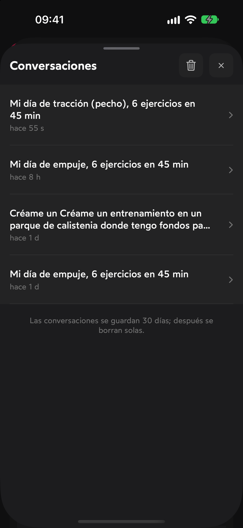 Hoja Conversaciones con el historial de peticiones a WeFit Intelligence