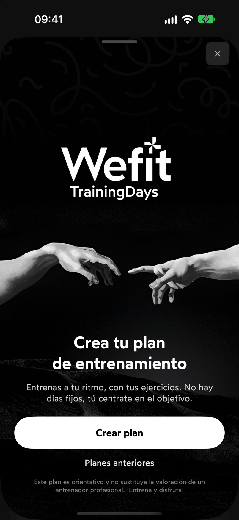 Pantalla Crea tu plan de entrenamiento con el botón Crear plan y el enlace Planes anteriores