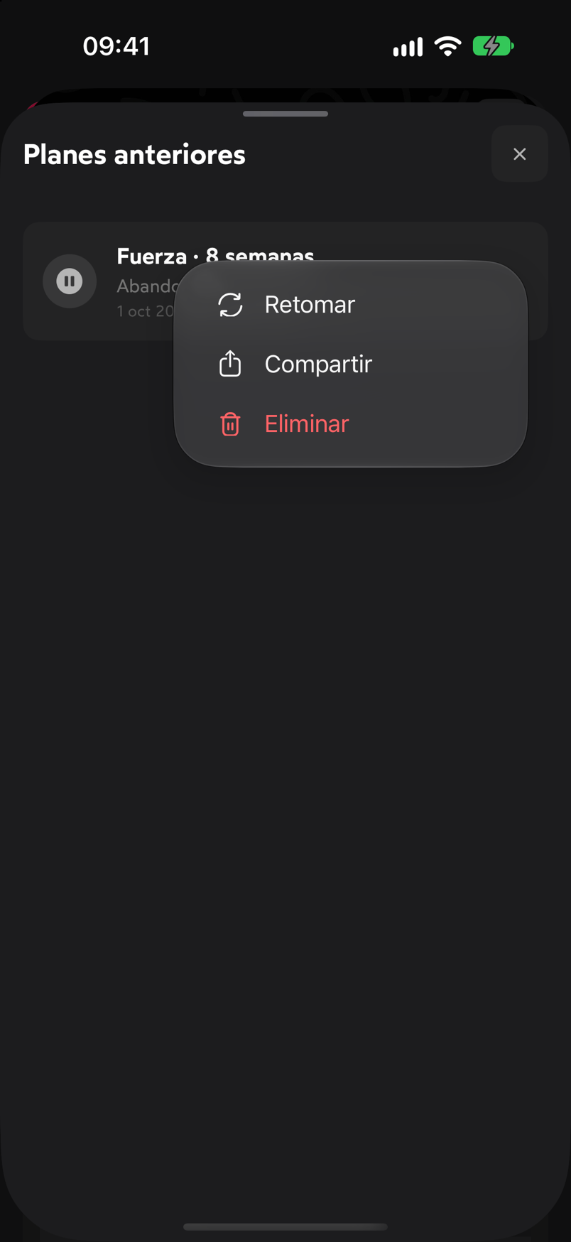 Menú de un plan anterior con las opciones Retomar, Compartir y Eliminar