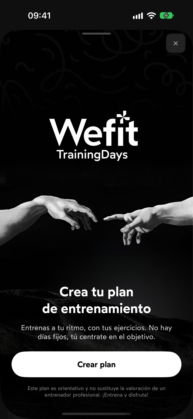 Pantalla Crea tu plan de entrenamiento con el botón Crear plan y el aviso de que el plan es orientativo