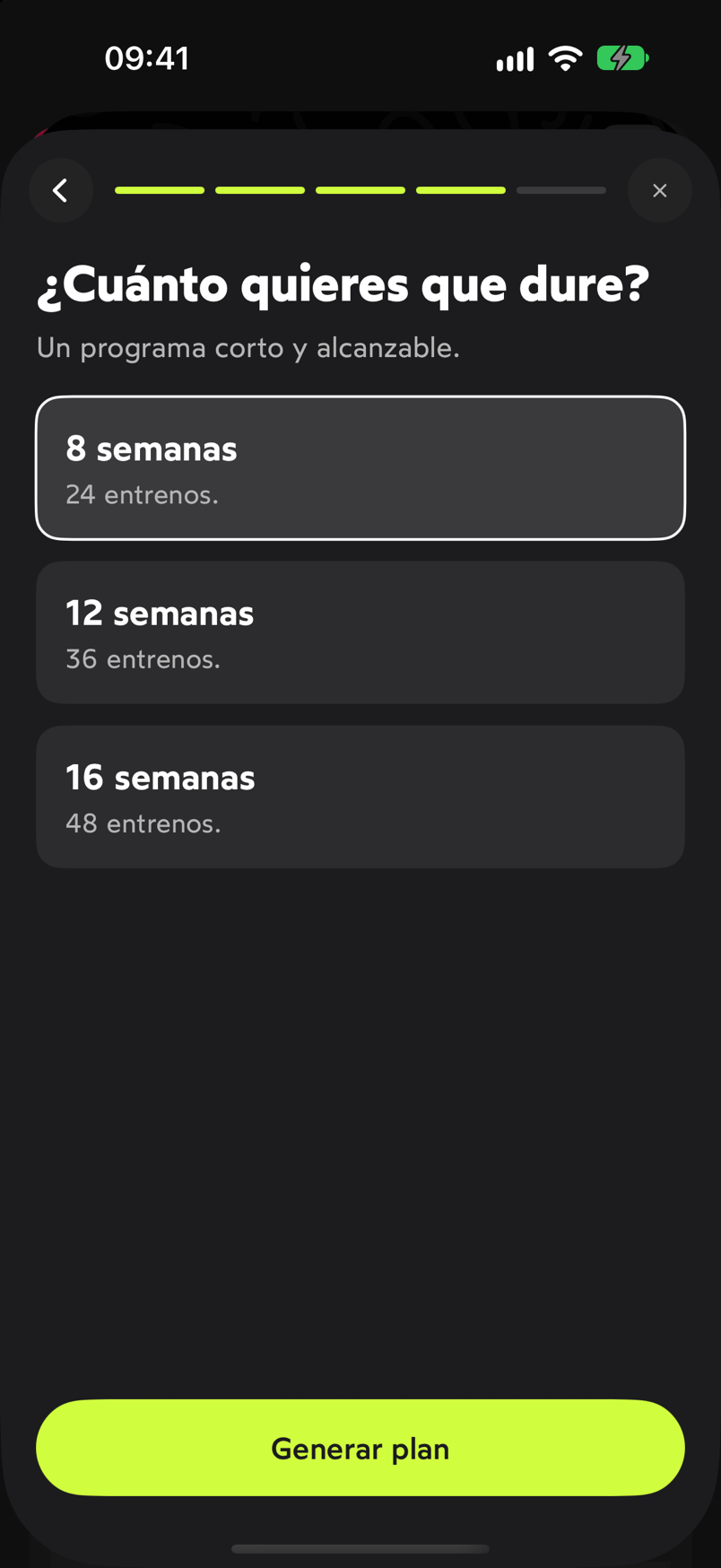 Paso ¿Cuánto quieres que dure? con las opciones de 8, 12 y 16 semanas y el botón Generar plan