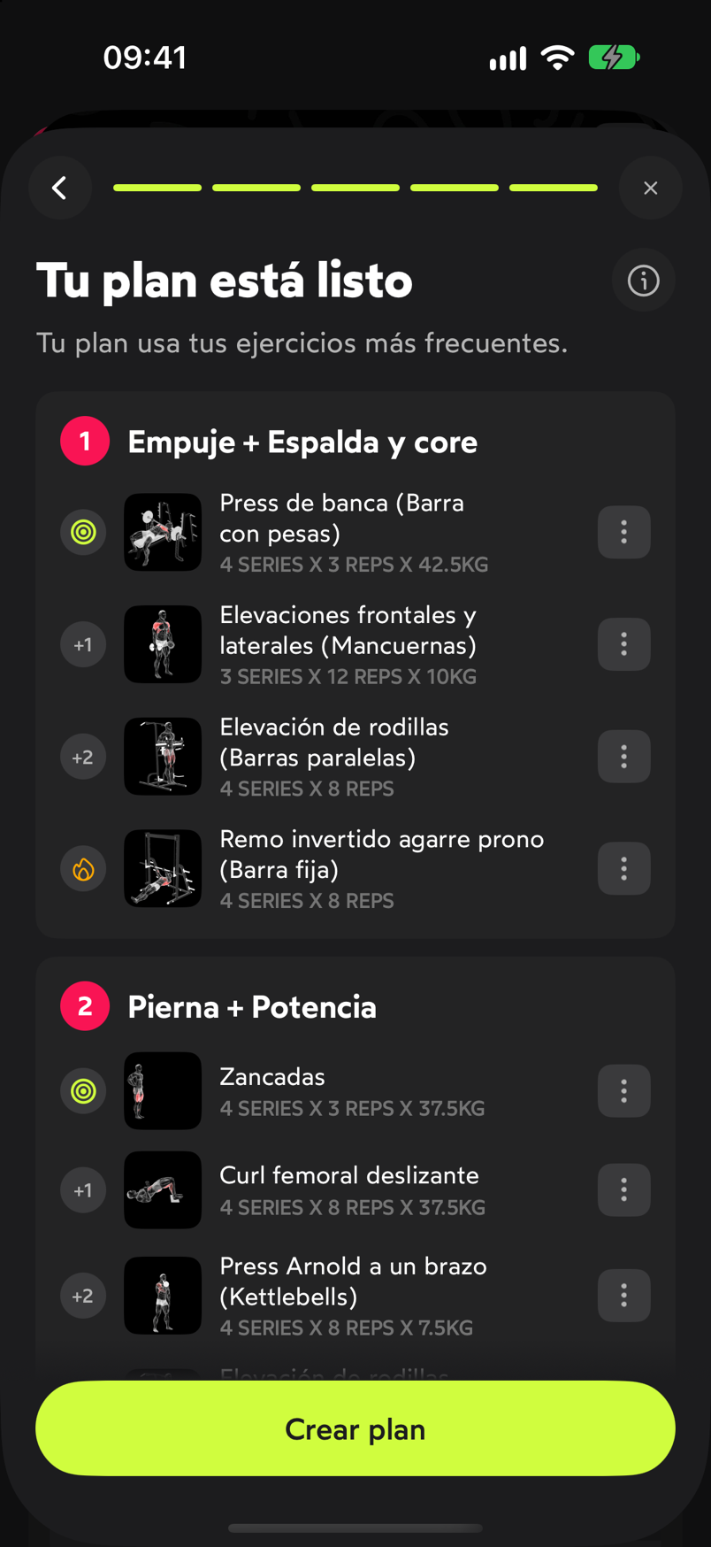 Pantalla Tu plan está listo con los entrenos propuestos y sus ejercicios con series