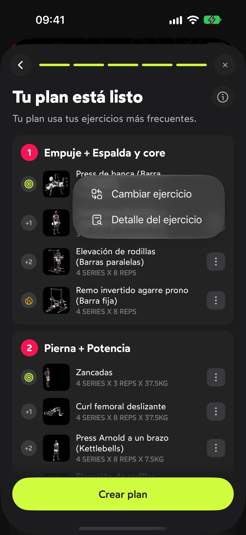 Menú de un ejercicio propuesto con las opciones Cambiar ejercicio y Detalle del ejercicio