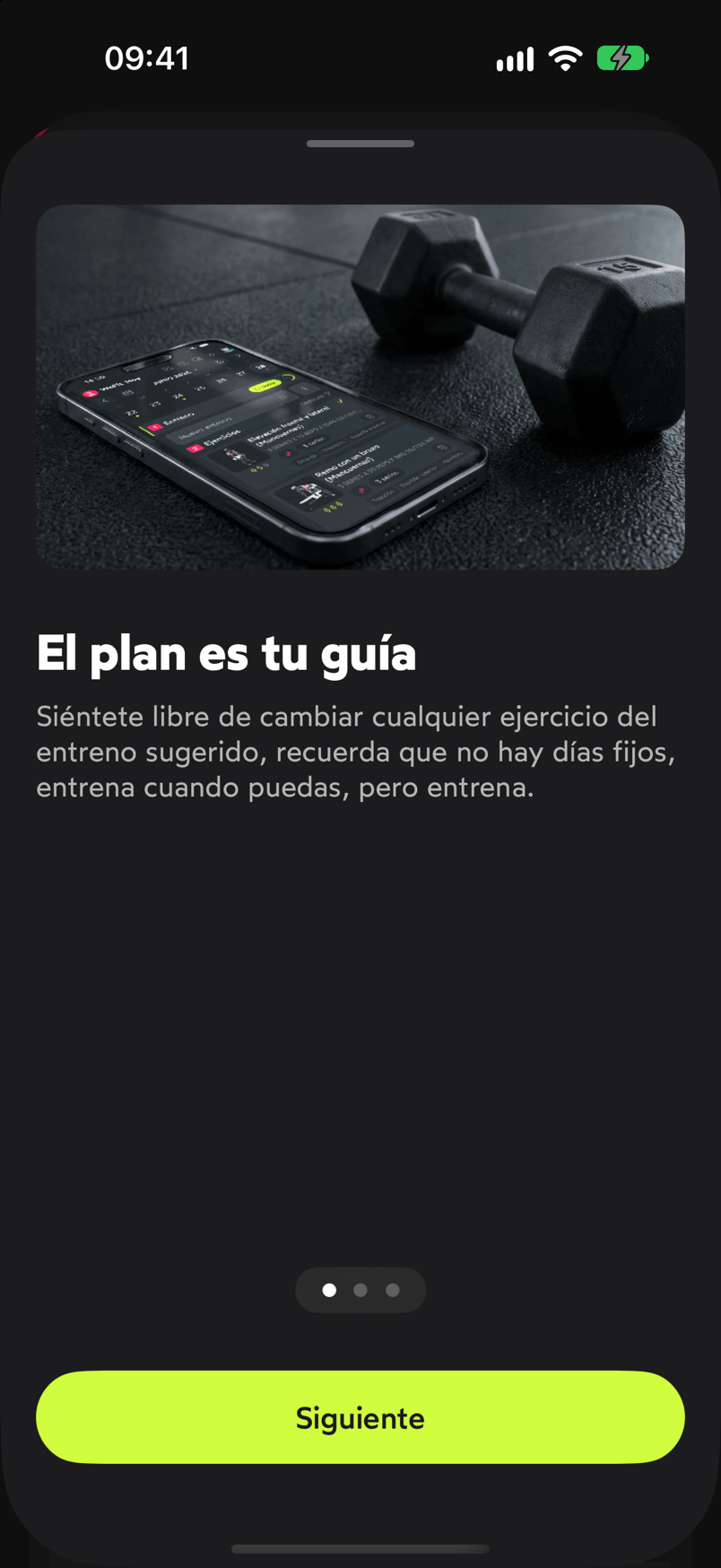 Pantalla de introducción El plan es tu guía con el botón Siguiente