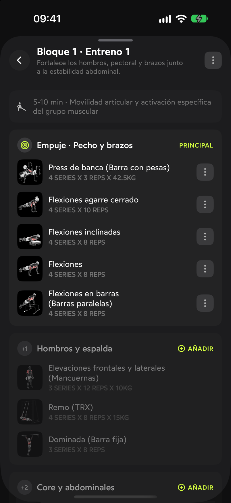 Detalle del entreno Bloque 1 · Entreno 1 con el calentamiento, el bloque principal y sus ejercicios