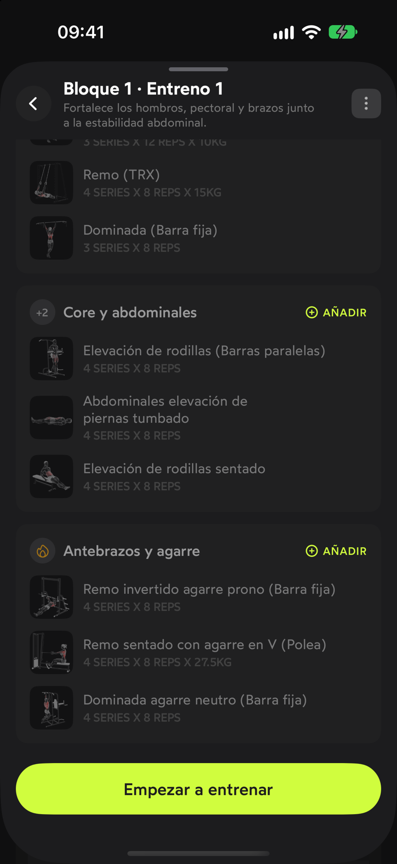 Final del detalle del entreno con el botón Empezar a entrenar