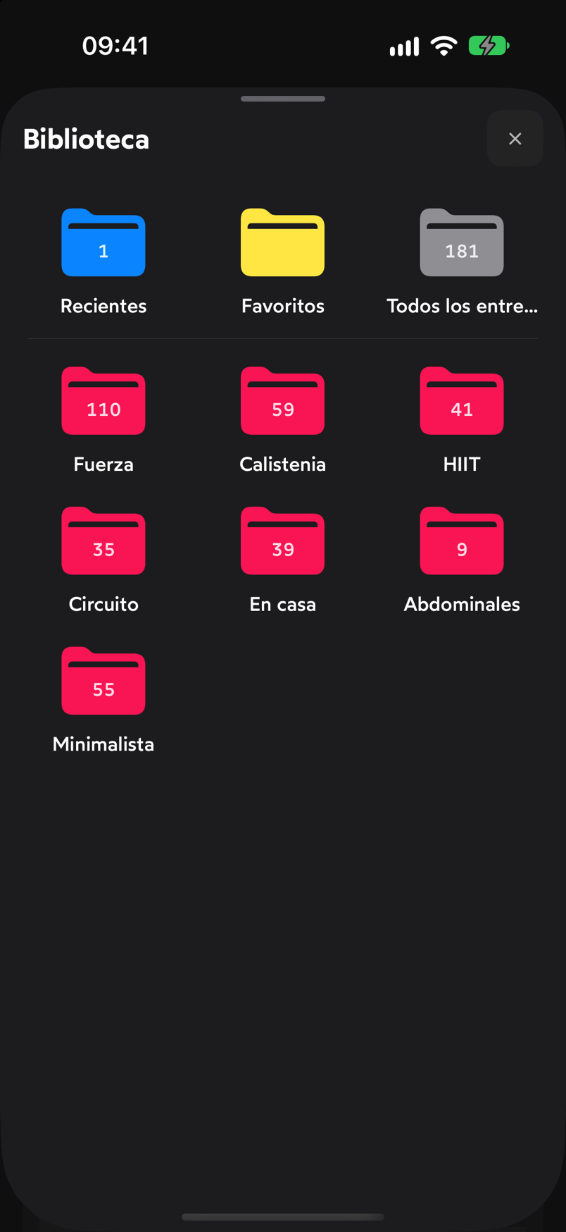 Portada de la Biblioteca con las tarjetas Recientes, Favoritos y Todos los entrenos y las colecciones por objetivo