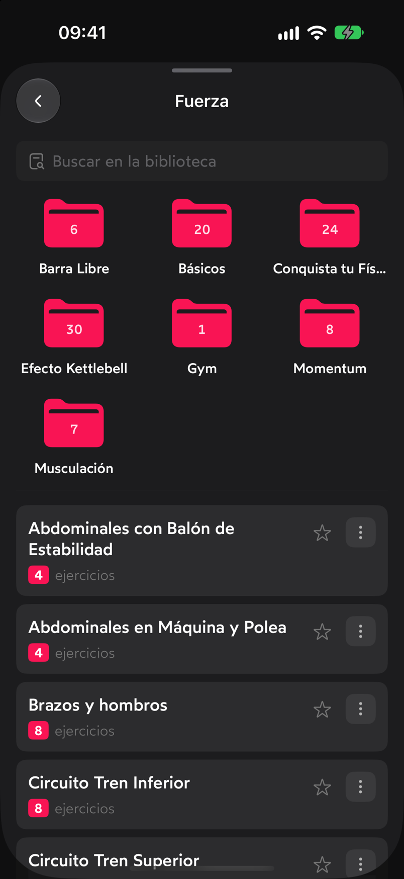 Colección Fuerza de la Biblioteca con el buscador, las subcolecciones y la lista de entrenos sueltos