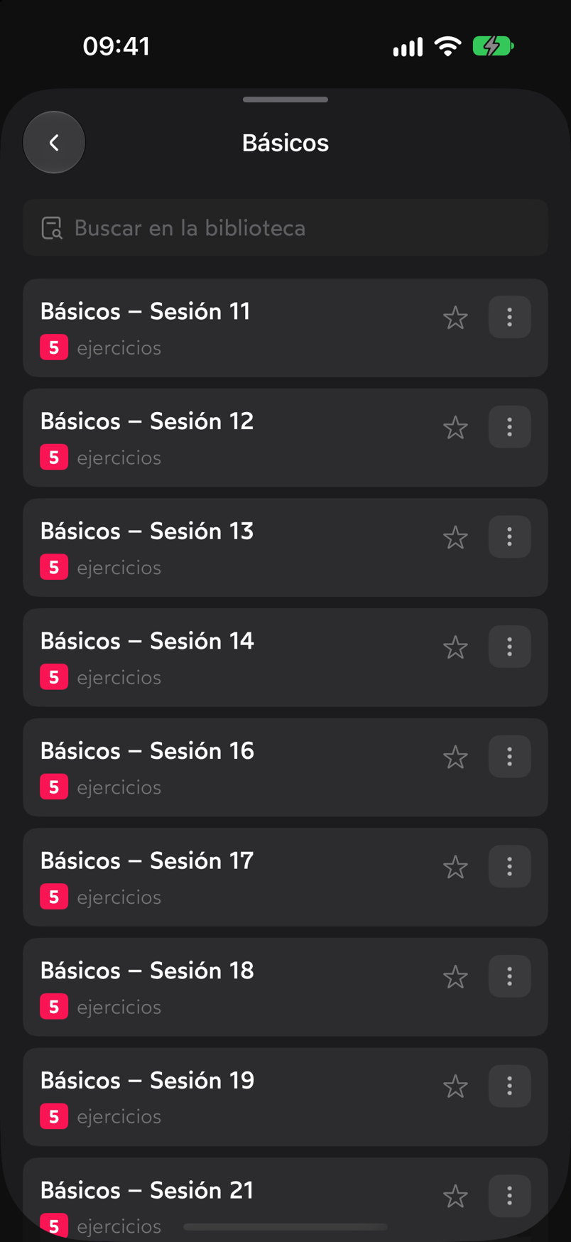 Lista de sesiones de la subcolección Básicos, cada una con estrella de favorito y botón de opciones