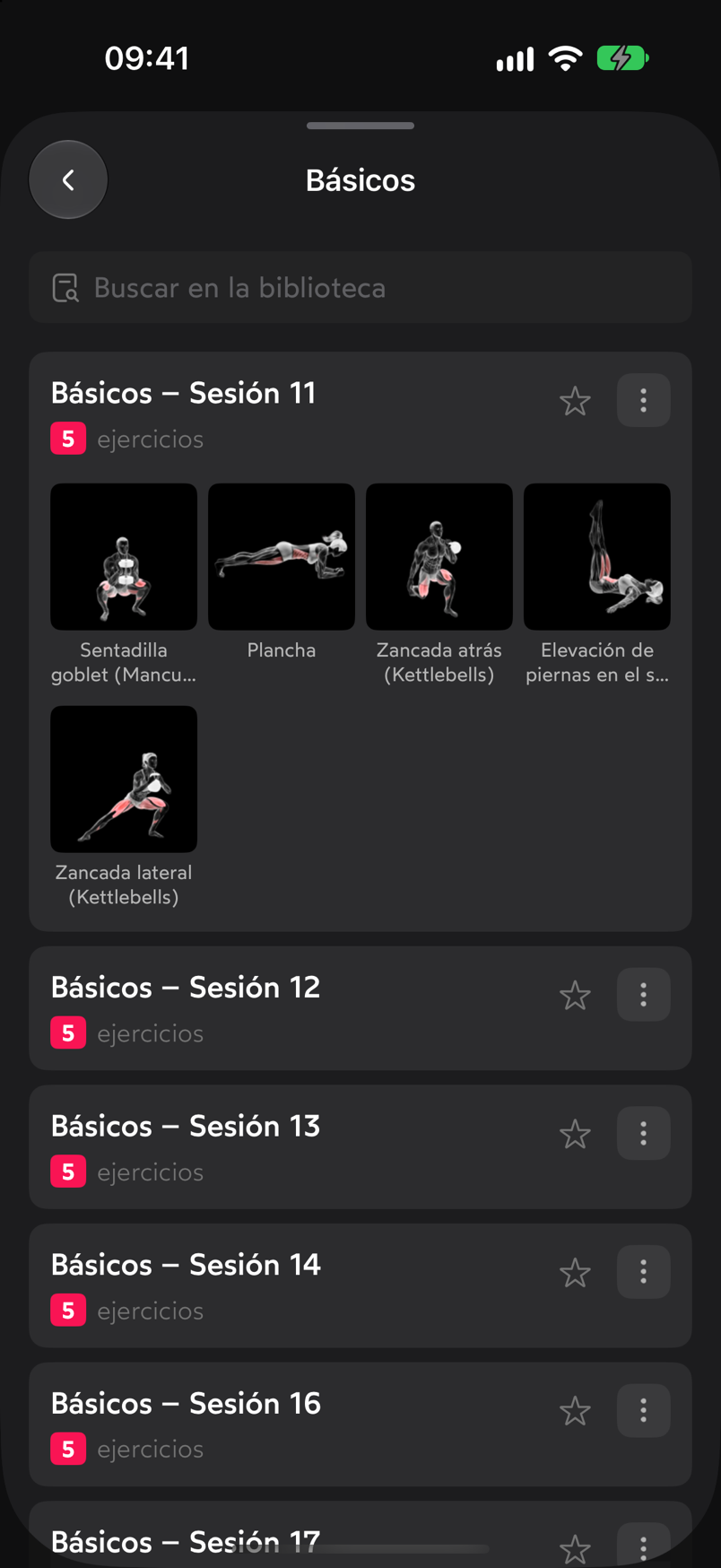 Sesión 11 de Básicos desplegada con las miniaturas de sus cinco ejercicios