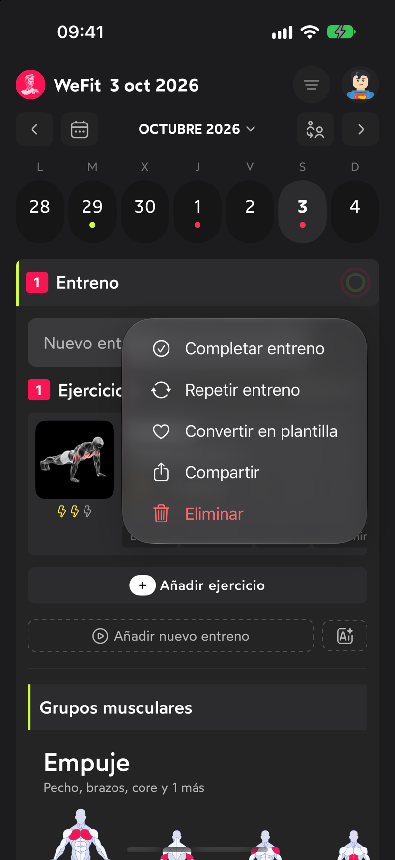 Menú de opciones de un entreno en Hoy con Completar entreno, Repetir entreno, Convertir en plantilla, Compartir y Eliminar