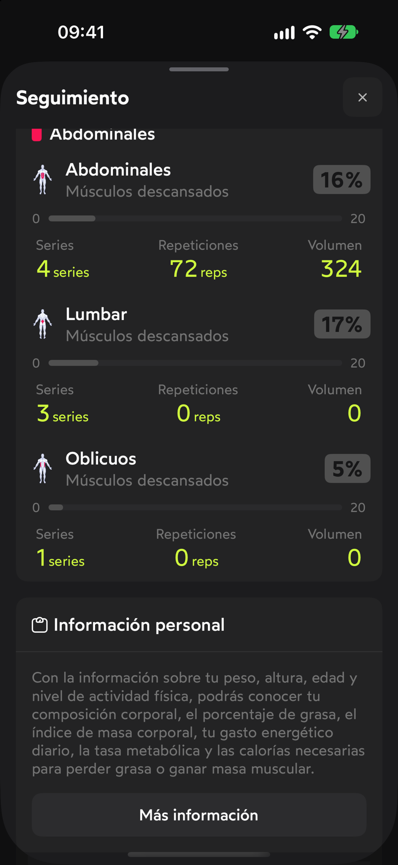 Sección Músculos descansados con tarjetas de Abdominales, Lumbar y Oblicuos y sus series, repeticiones y volumen