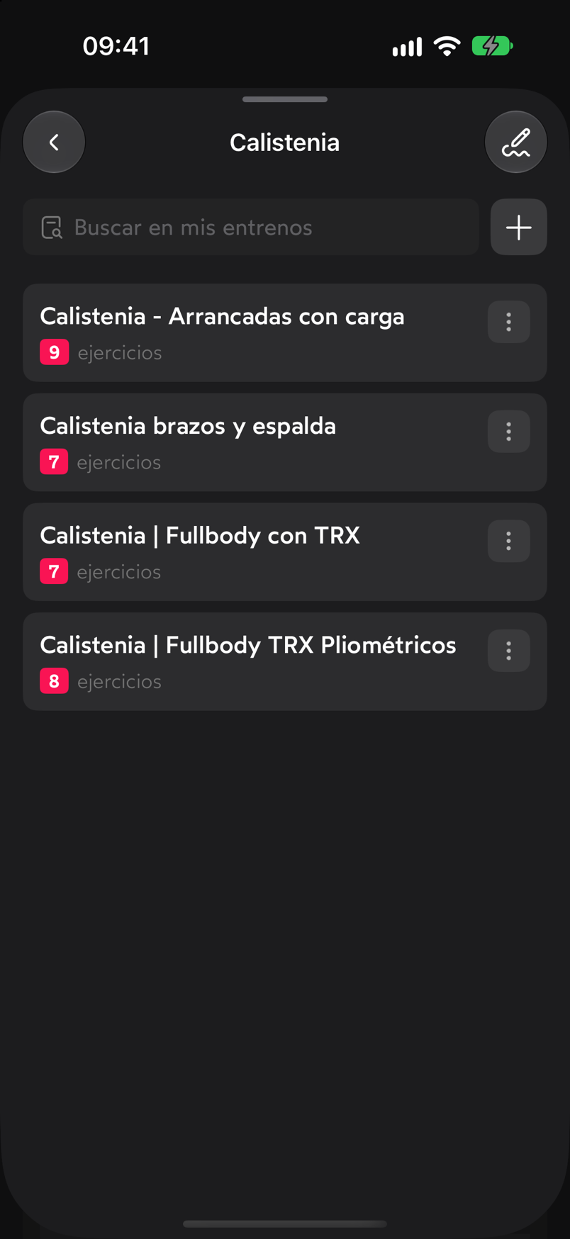Carpeta Calistenia con el buscador y la lista de rutinas con su número de ejercicios