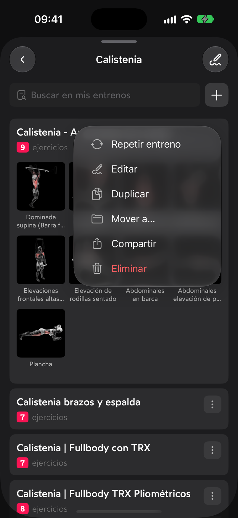 Menú de una rutina con las opciones Repetir entreno, Editar, Duplicar, Mover a…, Compartir y Eliminar