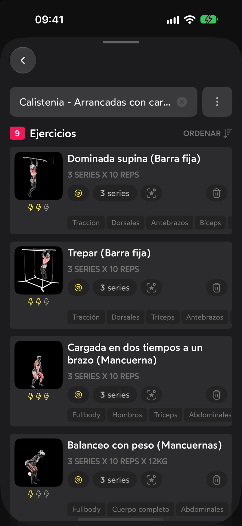 Editor de la rutina con el campo de nombre, la cabecera 9 Ejercicios con ORDENAR y las tarjetas de ejercicio con sus series