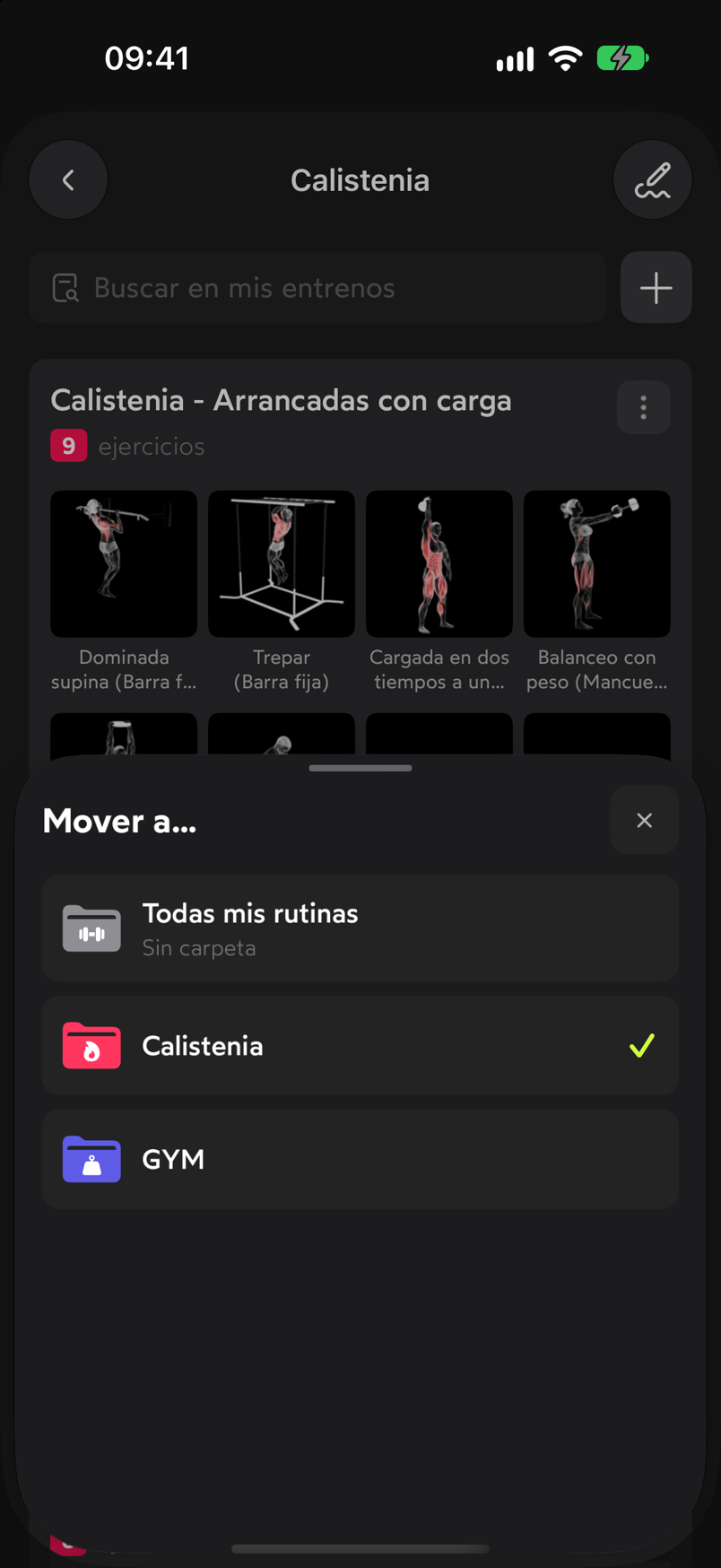 Hoja Mover a… con las carpetas Todas mis rutinas, Calistenia marcada y GYM